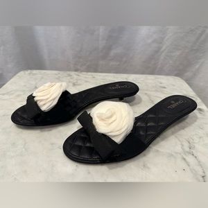 Chanel Kitten-Heel Sandals with Bow and Camellia